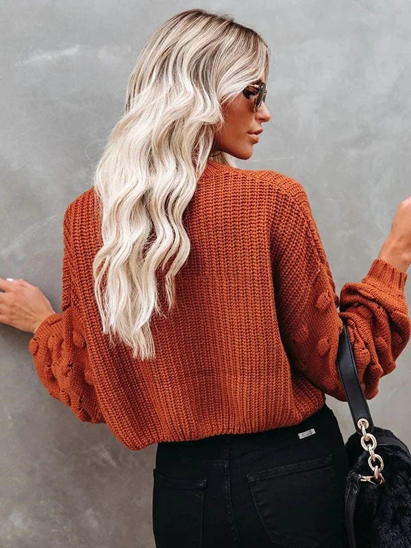 xakxx Trendy Tops Puff Sleeves Loose Solid Color Round-Neck Sweater Tops