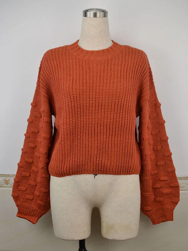 xakxx Trendy Tops Puff Sleeves Loose Solid Color Round-Neck Sweater Tops