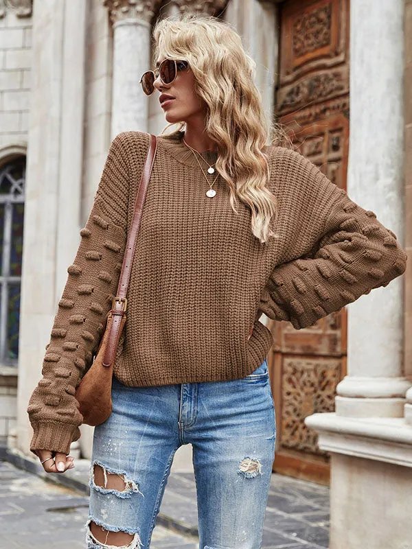 xakxx Trendy Tops Puff Sleeves Loose Solid Color Round-Neck Sweater Tops