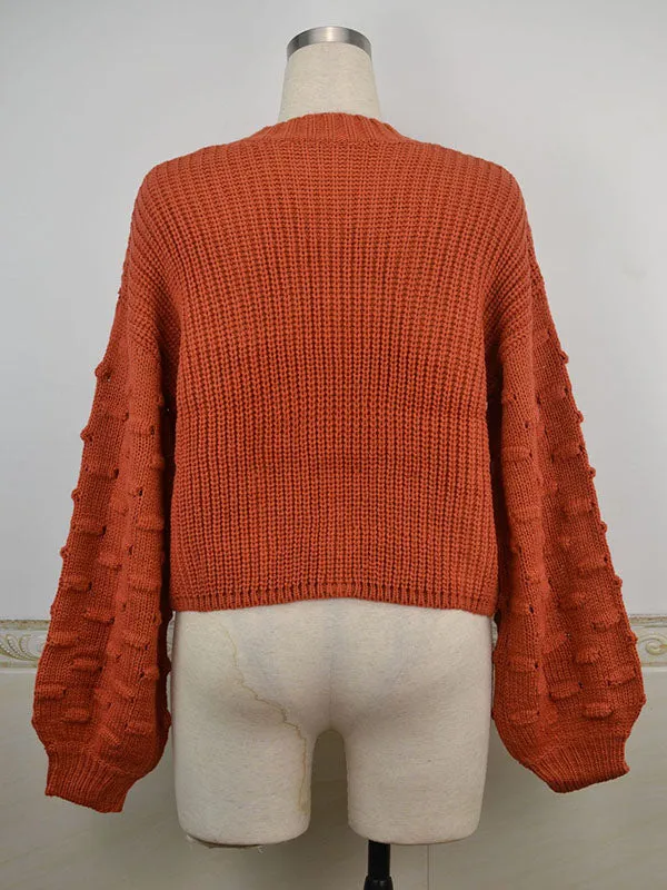 xakxx Trendy Tops Puff Sleeves Loose Solid Color Round-Neck Sweater Tops