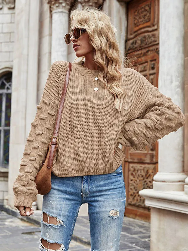 xakxx Trendy Tops Puff Sleeves Loose Solid Color Round-Neck Sweater Tops