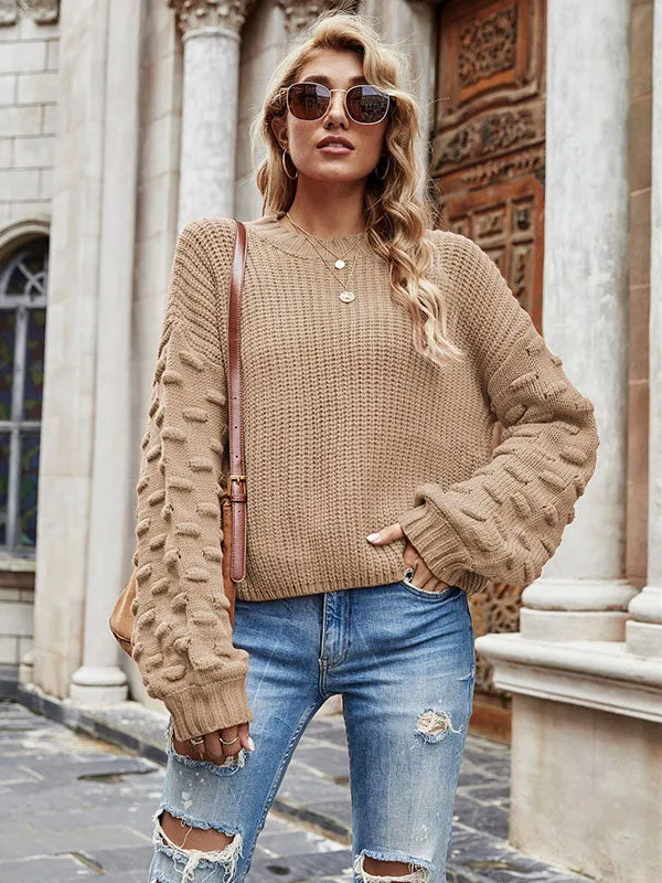 xakxx Trendy Tops Puff Sleeves Loose Solid Color Round-Neck Sweater Tops