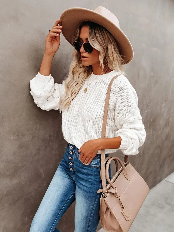 xakxx Trendy Tops Puff Sleeves Loose Solid Color Round-Neck Sweater Tops