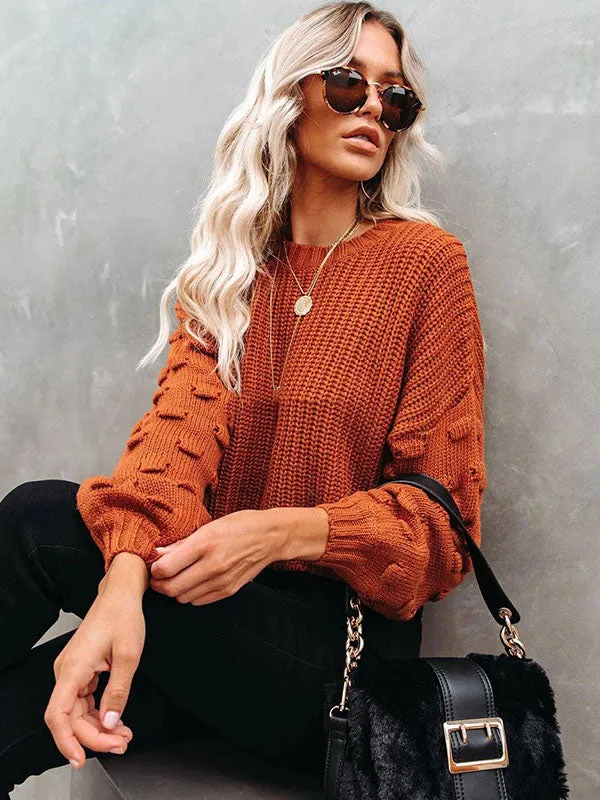 xakxx Trendy Tops Puff Sleeves Loose Solid Color Round-Neck Sweater Tops