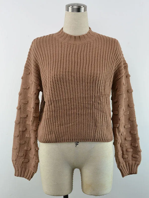xakxx Trendy Tops Puff Sleeves Loose Solid Color Round-Neck Sweater Tops