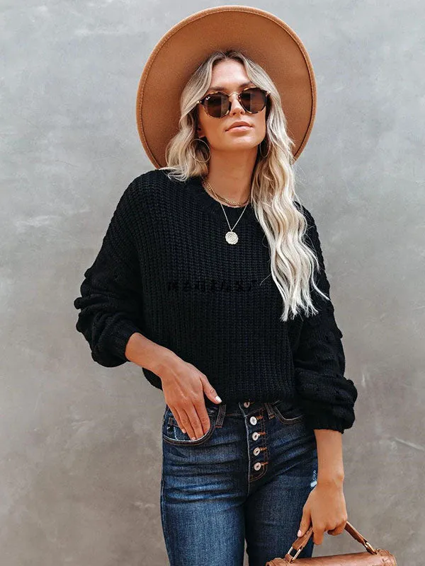 xakxx Trendy Tops Puff Sleeves Loose Solid Color Round-Neck Sweater Tops