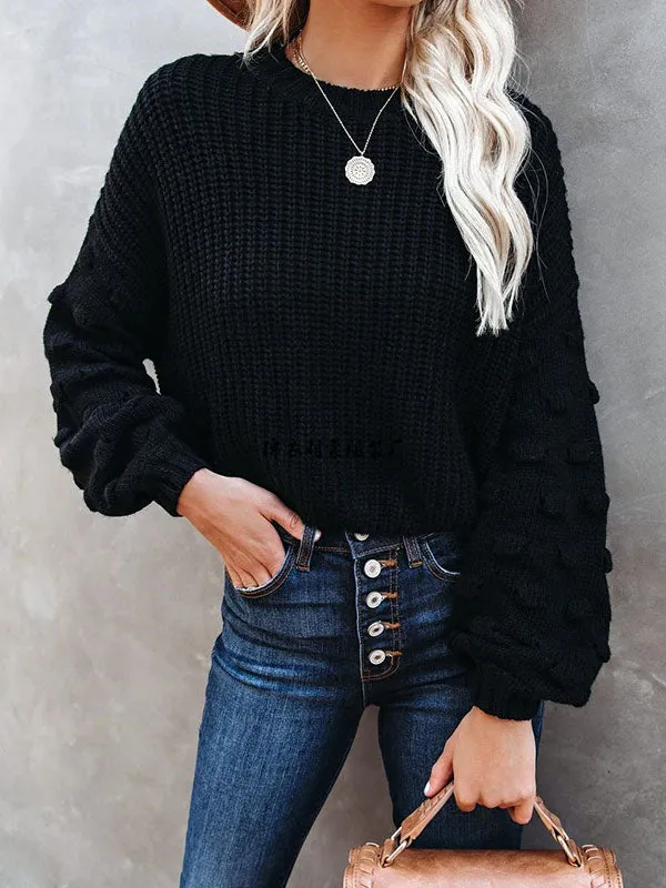 xakxx Trendy Tops Puff Sleeves Loose Solid Color Round-Neck Sweater Tops