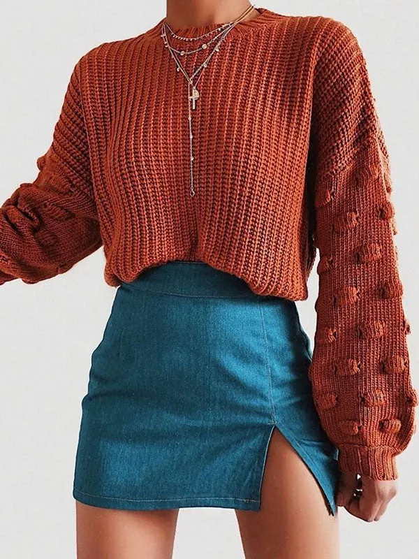xakxx Trendy Tops Puff Sleeves Loose Solid Color Round-Neck Sweater Tops
