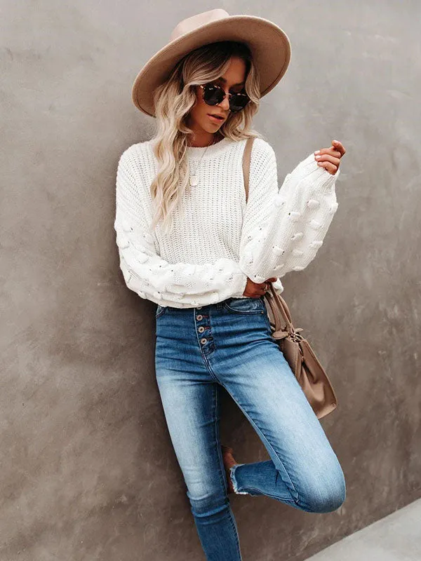 xakxx Trendy Tops Puff Sleeves Loose Solid Color Round-Neck Sweater Tops