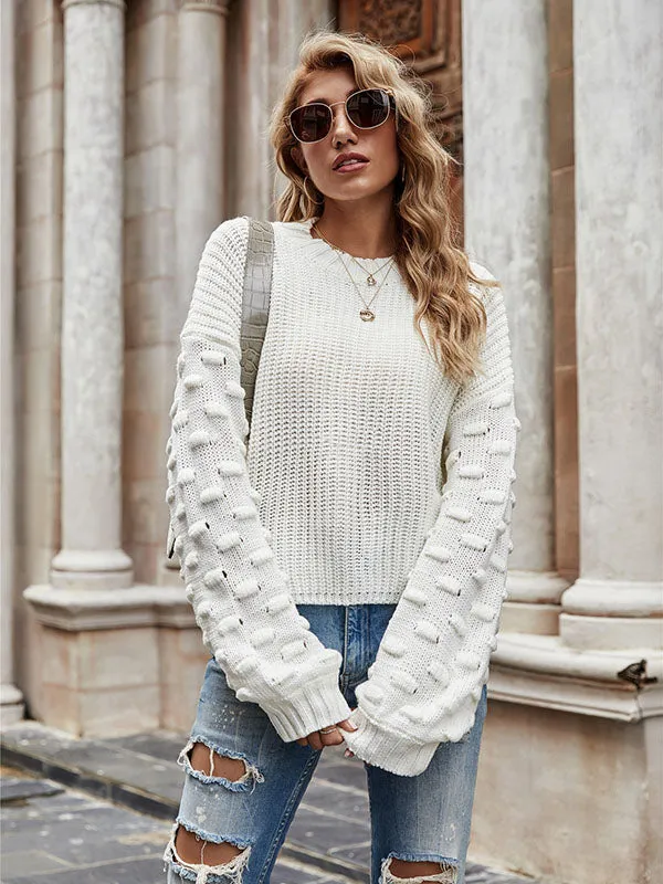 xakxx Trendy Tops Puff Sleeves Loose Solid Color Round-Neck Sweater Tops