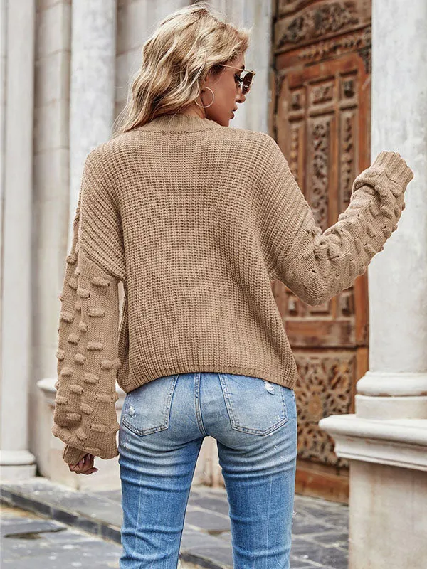 xakxx Trendy Tops Puff Sleeves Loose Solid Color Round-Neck Sweater Tops