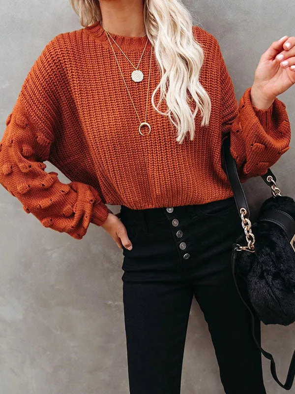 xakxx Trendy Tops Puff Sleeves Loose Solid Color Round-Neck Sweater Tops