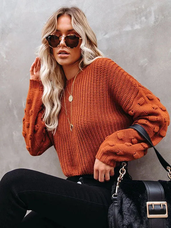 xakxx Trendy Tops Puff Sleeves Loose Solid Color Round-Neck Sweater Tops