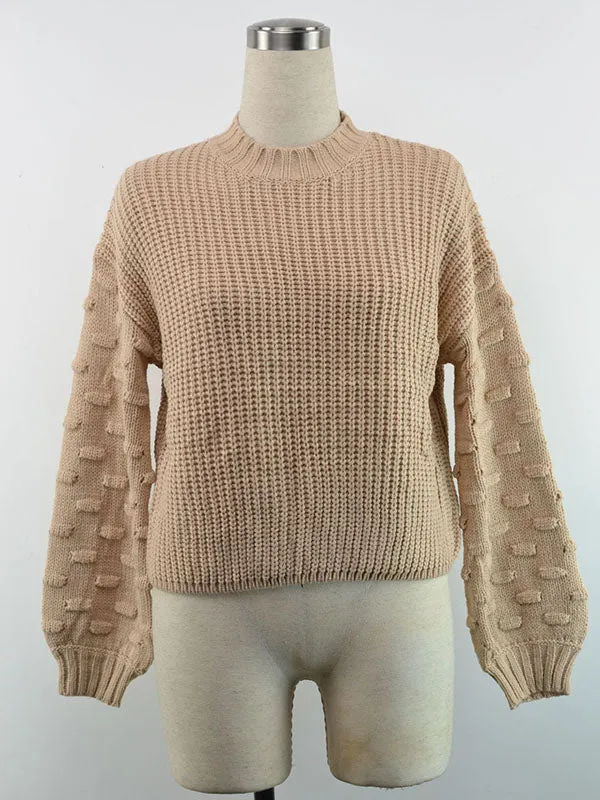 xakxx Trendy Tops Puff Sleeves Loose Solid Color Round-Neck Sweater Tops
